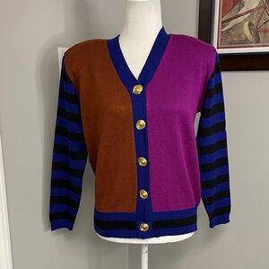 Vintage 1990s Womens Colorblock sweater cardigan gold buttons size 6